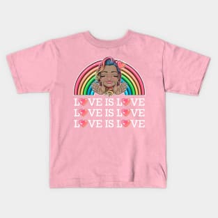 love is love rainbow with Reva Prisma hugging emoji (white text) Kids T-Shirt